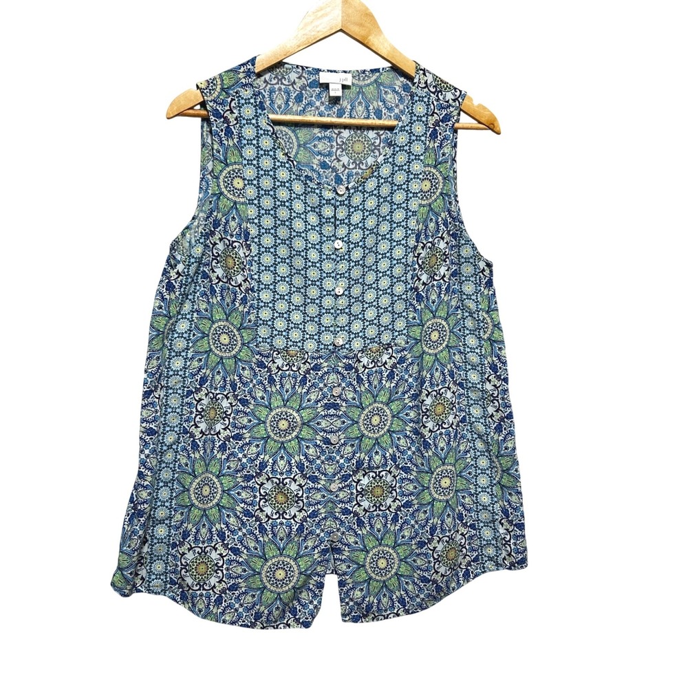 J Jill Women Boho‎ Top L Blue Button Up Mosaic Medallion Mandala Artsy Geometric